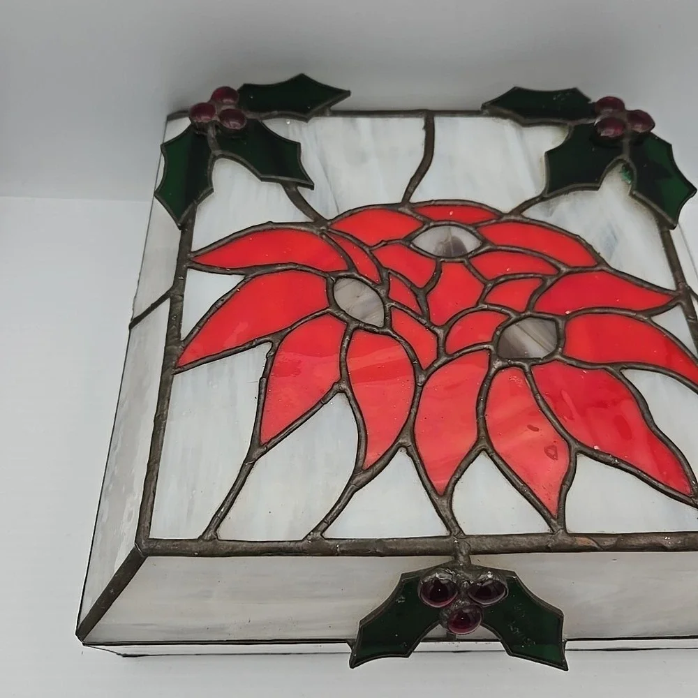Leaded Stained Glass Hinged Jewelry Box With‎ Christmas Poinsettia